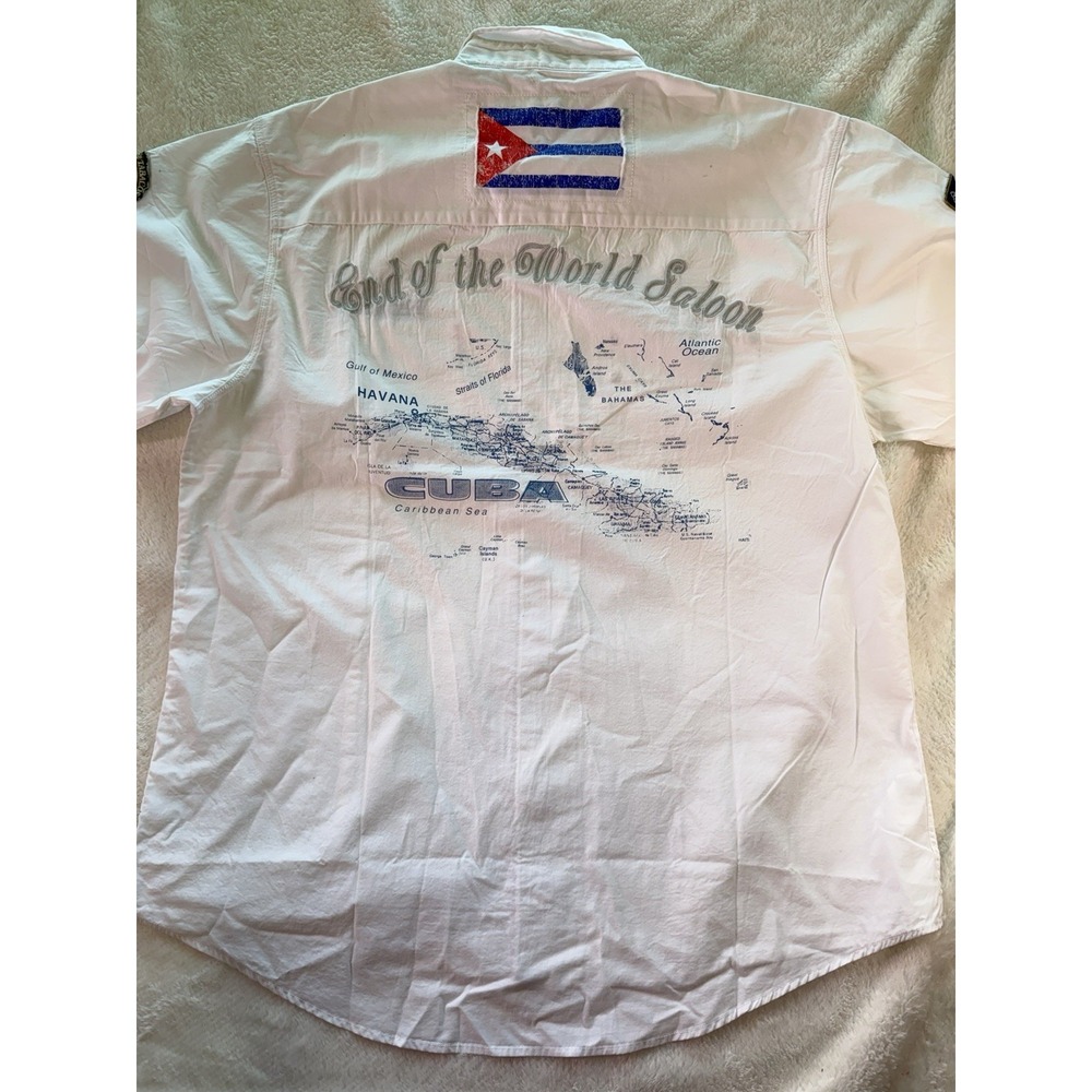 Bacchi Button Shirt Mens XL White Cuba Nautical End Of The World Saloon Patches